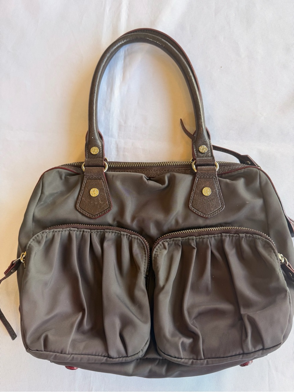 MZ Wallace Jane Gray Nylon Bag Leather Handles & Green Interior
